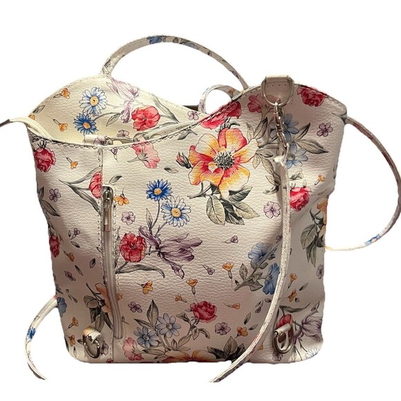 Italian Leather Floral Convertible Bag  Asymmetrical Handles, Crossbody Tote Bag - Picture 1 of 16